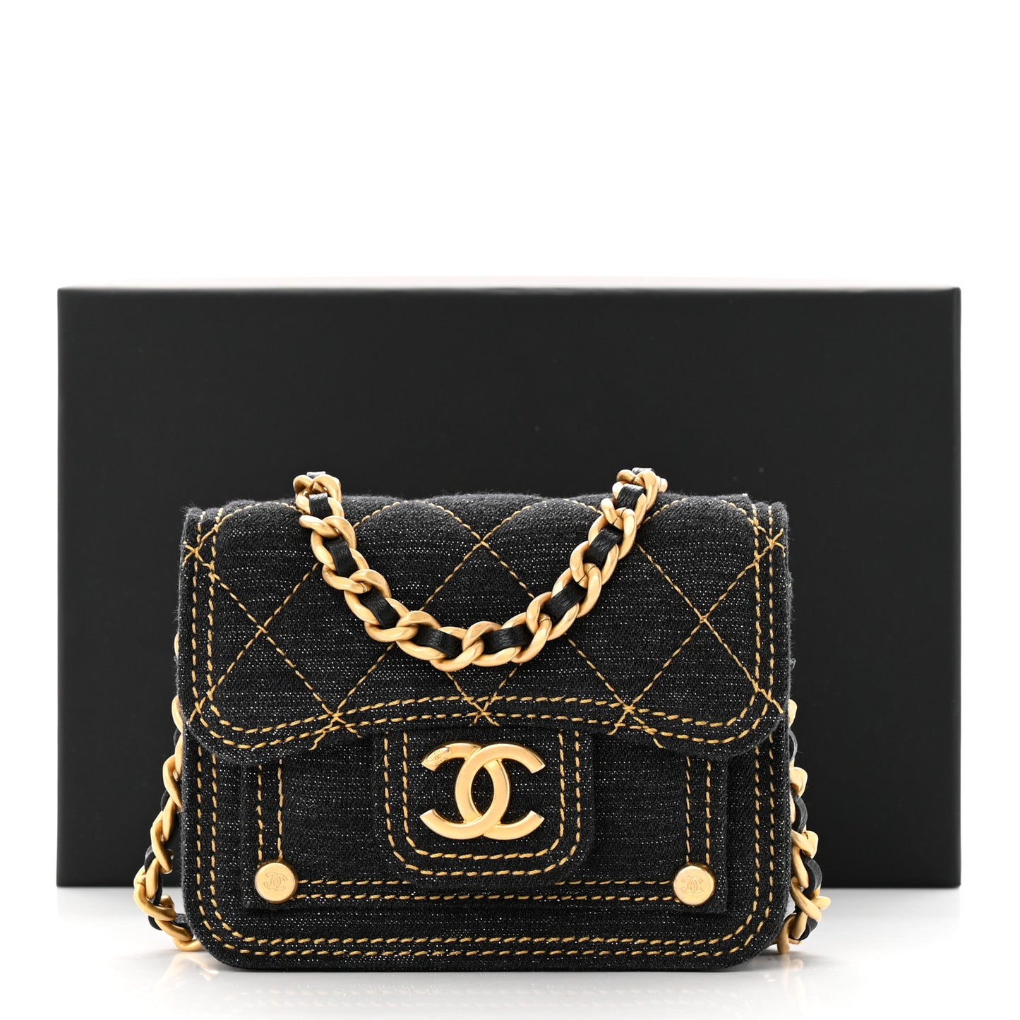 Denim Quilted Double You Card Holder On Chain Black Golden
