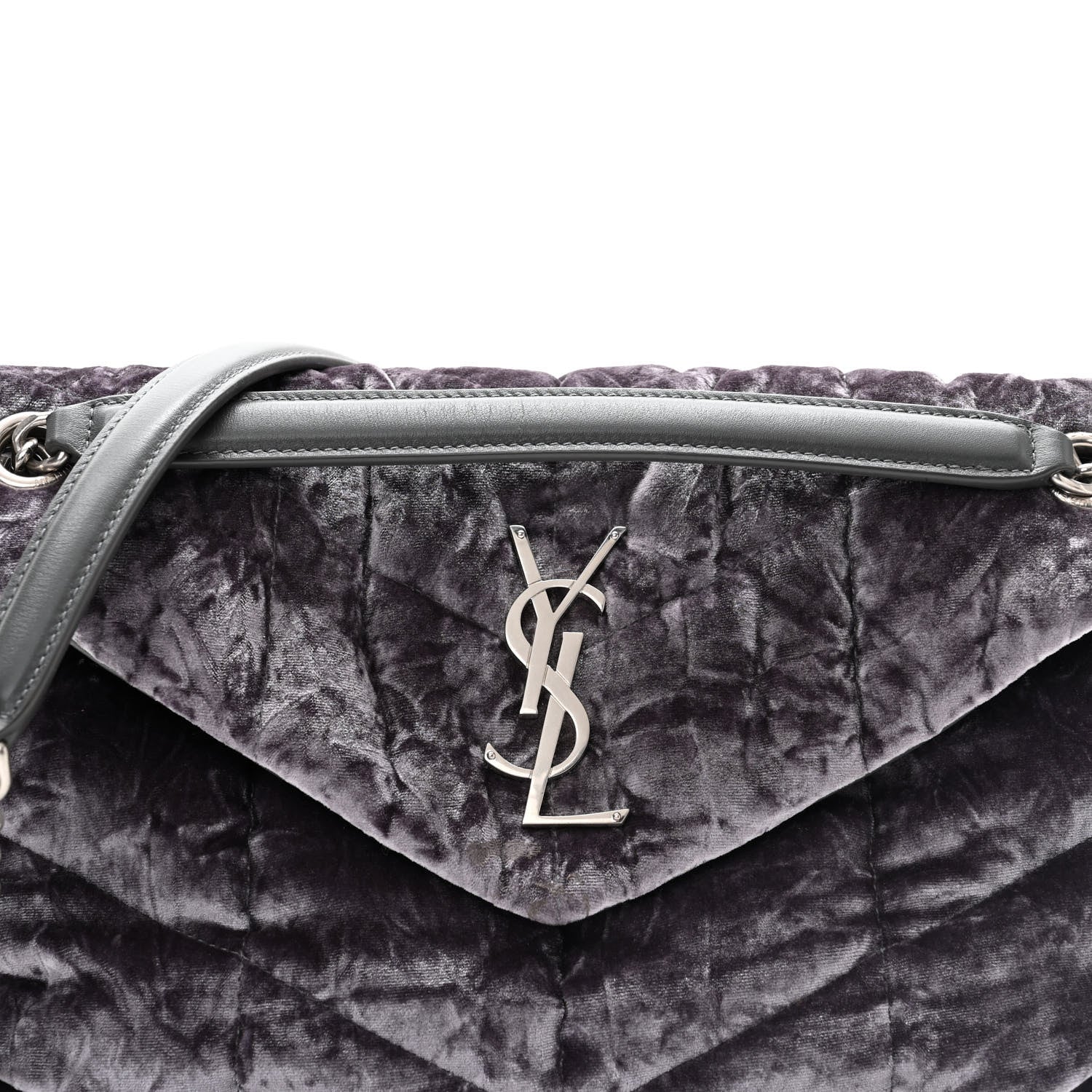 Saint Laurent Crushed Velvet Quilted Small Loulou Puffer Monogram Chain Satchel Cloud Grey 8 of 10
