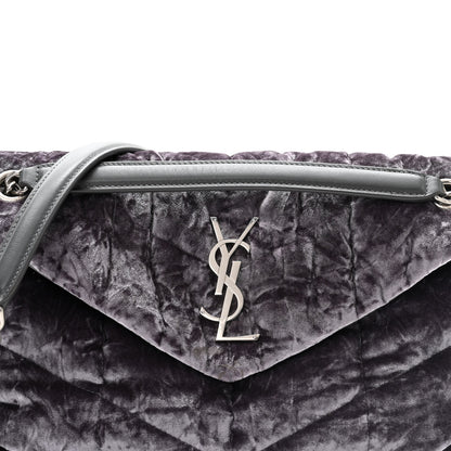 Saint Laurent Crushed Velvet Quilted Small Loulou Puffer Monogram Chain Satchel Cloud Grey 8 of 10