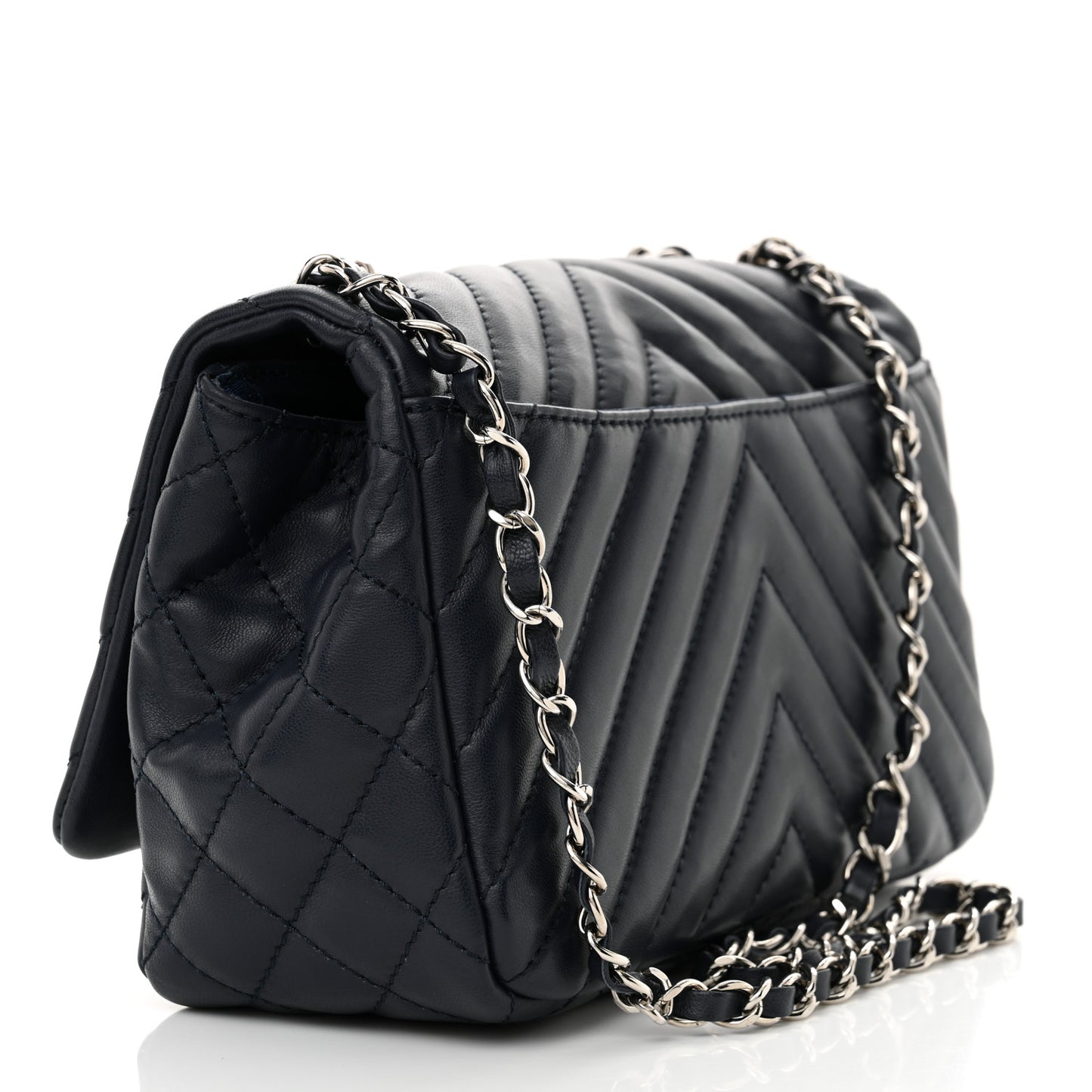 Lambskin Chevron Quilted Single Flap Navy Blue