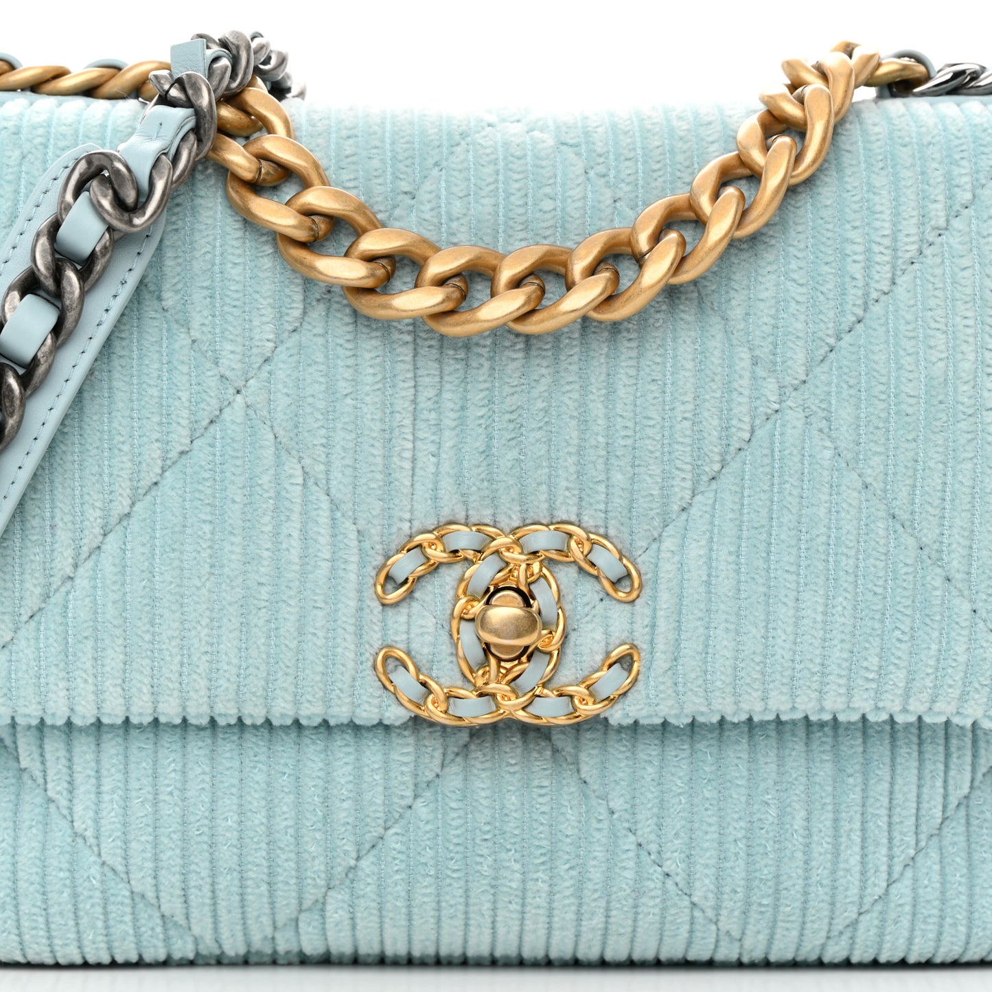 Corduroy Quilted Medium Chanel 19 Flap Light Blue