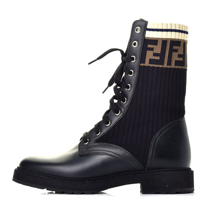 Fendi Calfskin Stretch Fabric Rockoko Biker Boots 37 Tobacco Black Marino 1 of 8