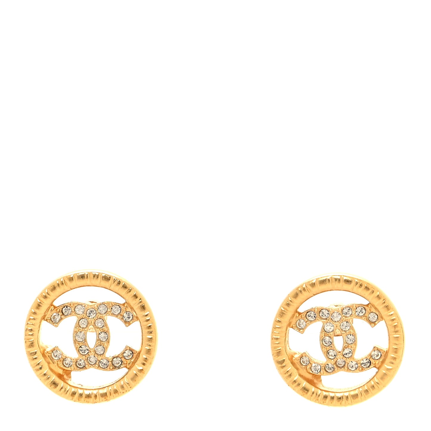 Metal Crystal Textured CC Round Earrings Gold