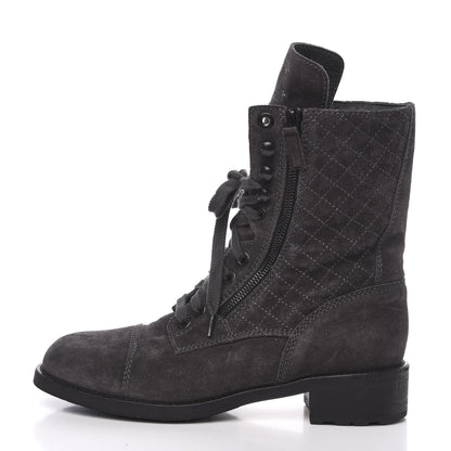Chanel Suede Quilted CC Tall Lace Up Combat Boots 40.5 Grey 1 of 10