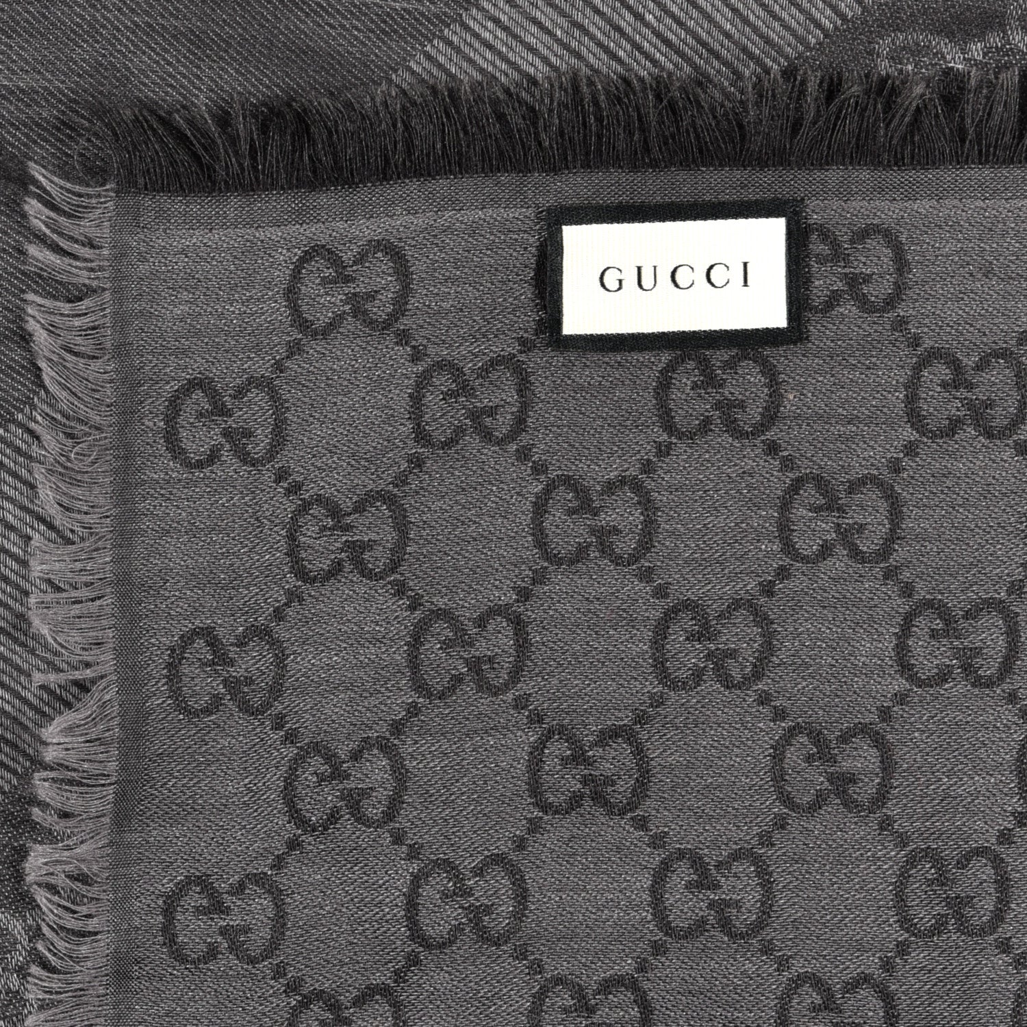 Gucci Wool Silk Monogram GGWeb Fringe Shawl Black Medium Grey 4 of 4