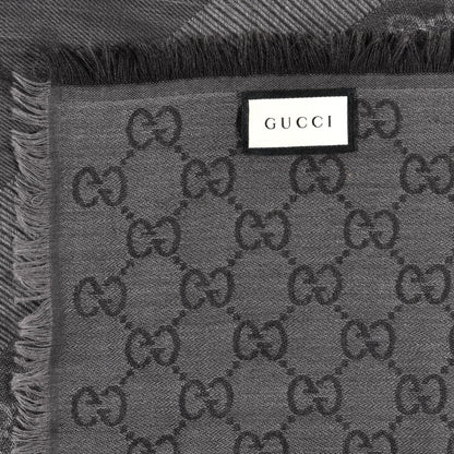 Gucci Wool Silk Monogram GGWeb Fringe Shawl Black Medium Grey 4 of 4
