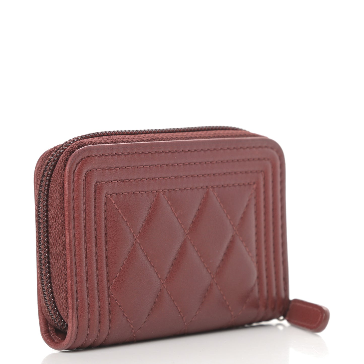 Lambskin Quilted Zip Around Boy Coin Purse Wallet Burgundy