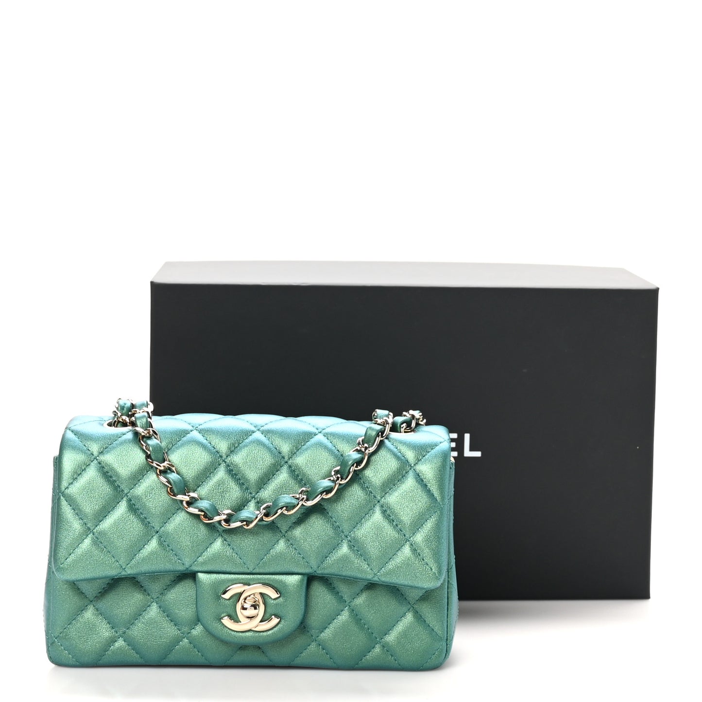 Iridescent Calfskin Quilted Mini Rectangular Flap Green