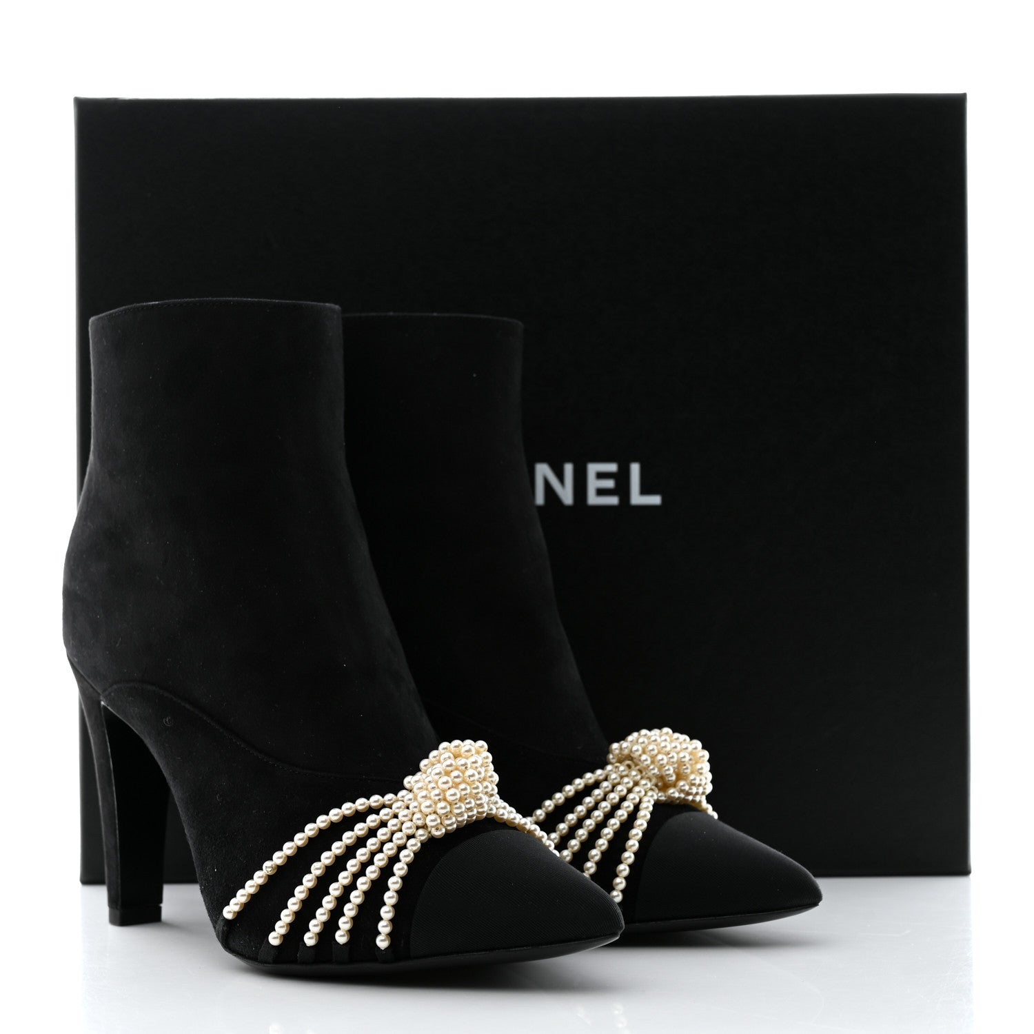 Chanel Suede Calfskin Pearl Cap Toe Short Boots 37 Black 9 of 9