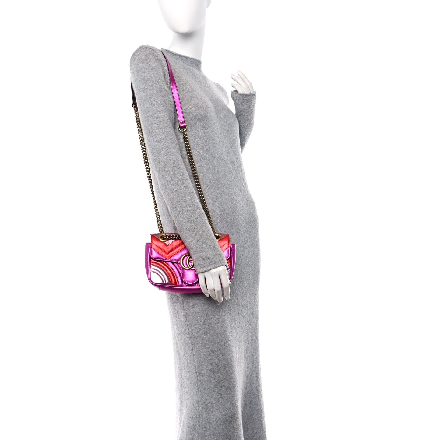 Metallic Calfskin Matelasse Mini GG Marmont Shoulder Bag Fuchsia