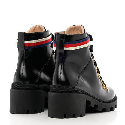 Gucci Calfskin Sylvie Web Womens Lace Up Combat Boots 37.5 Black 4 of 12