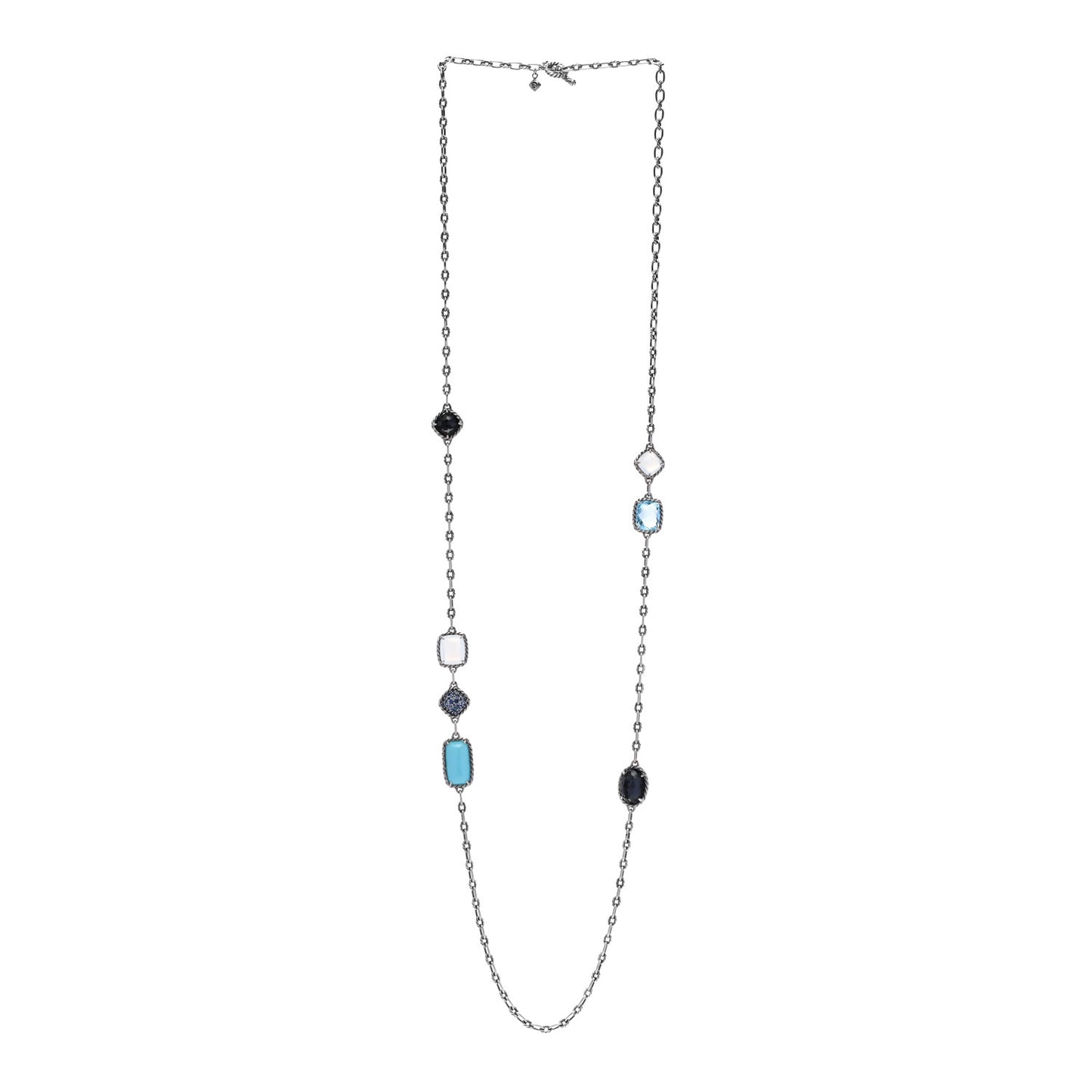 Sterling Silver Blue Sapphire Blue Topaz Doublet Milky Quartz Turquoise Chatelaine Long Necklace
