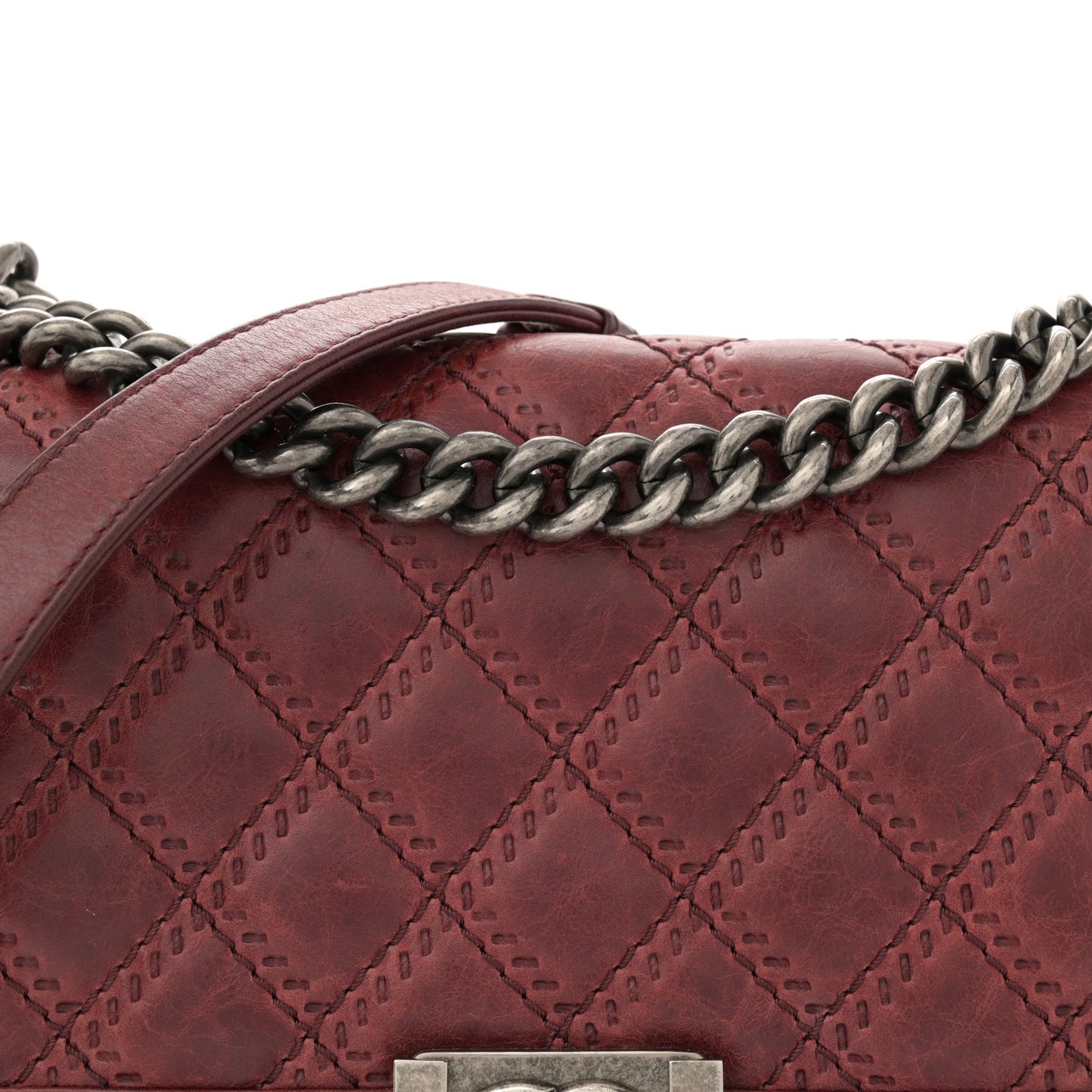 Calfskin Quilted Double Stitched Medium Boy Flap Burgundy