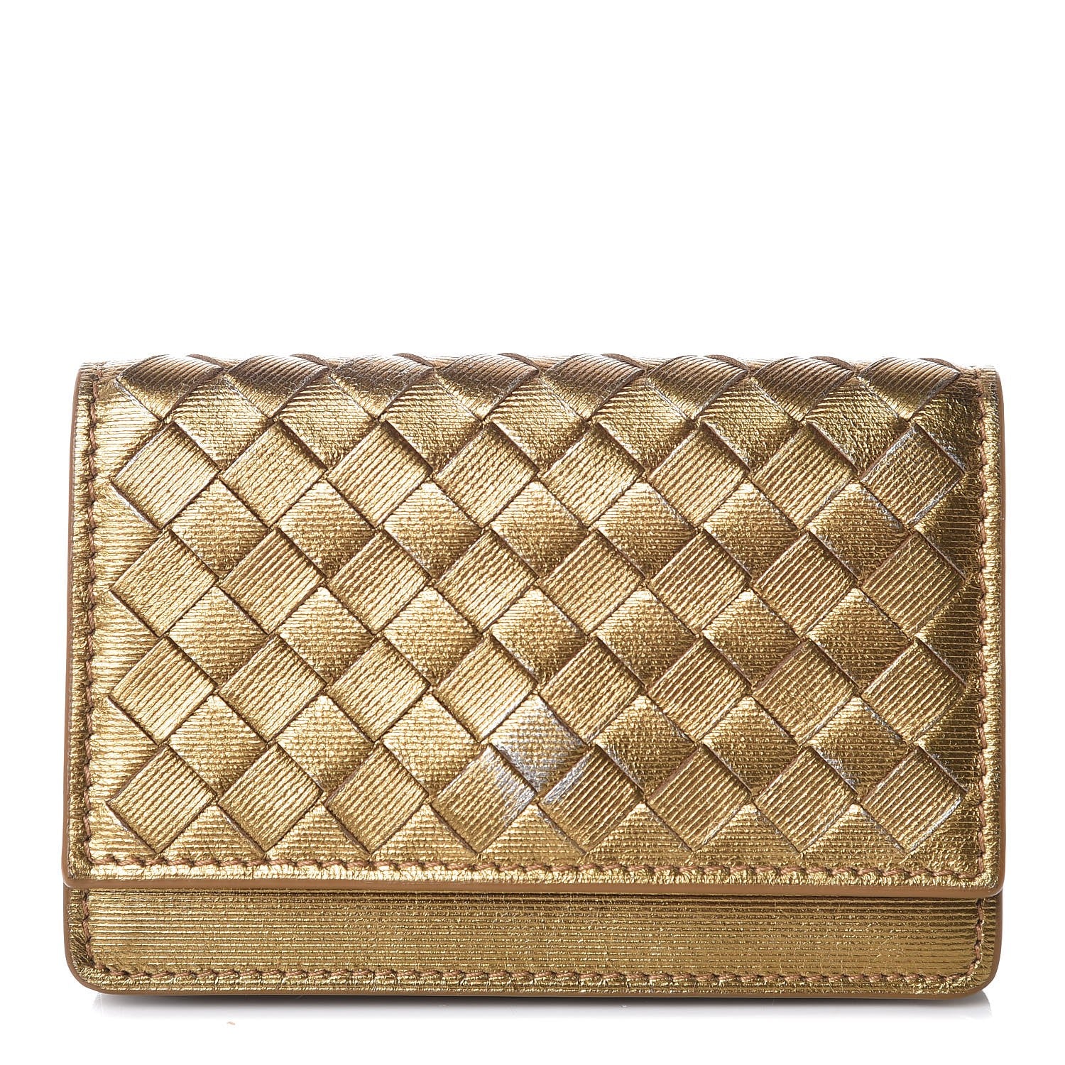 Bottega Veneta Metallic Intrecciato Grosgrain Card Case Dark Gold 1 of 11