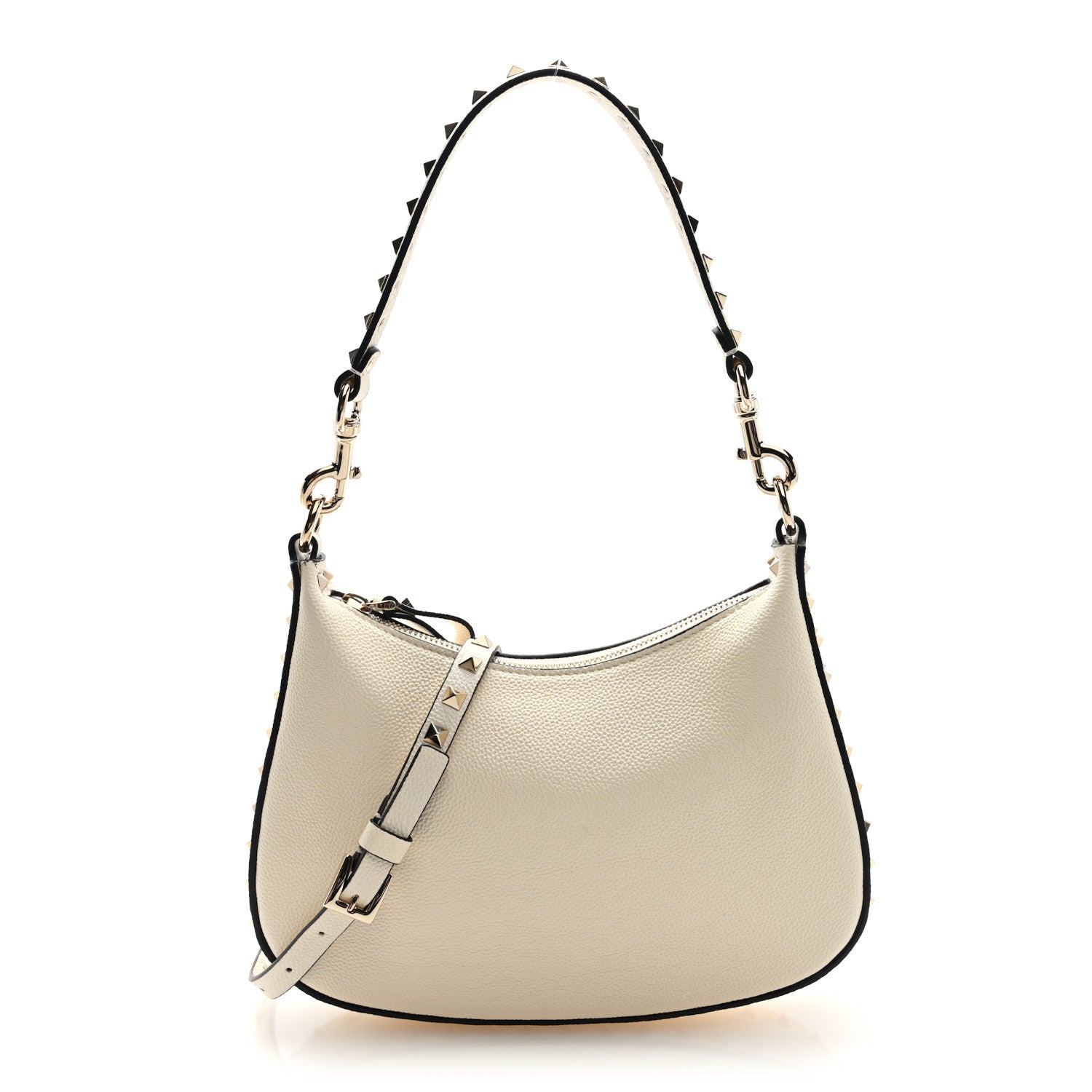 Valentino Garavani Pebbled Calfskin Small Rockstud Hobo Bag Ivory 1 of 9