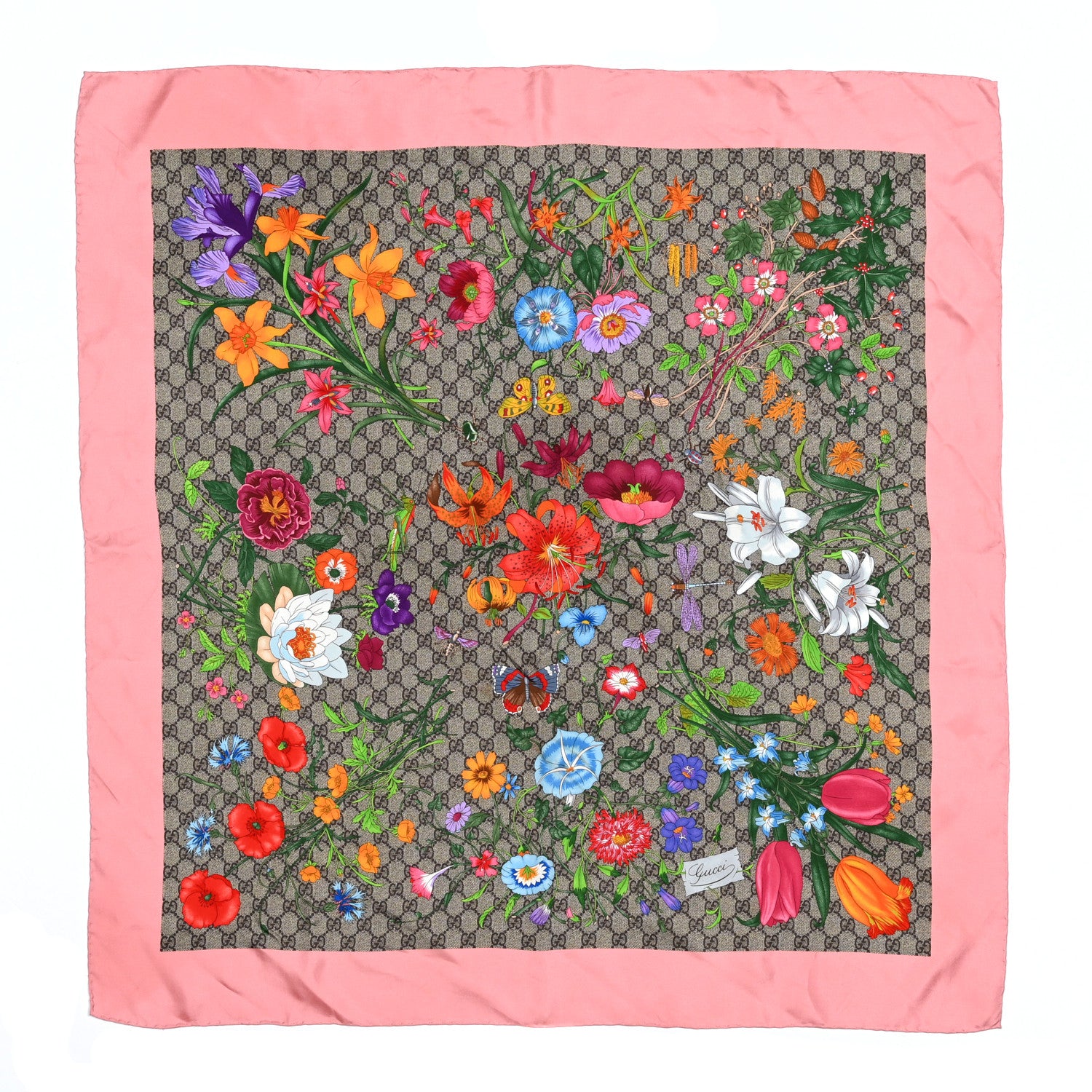 Gucci Silk Twill GG Monogram Special Florio Square Scarf Beige Pink 1 of 3
