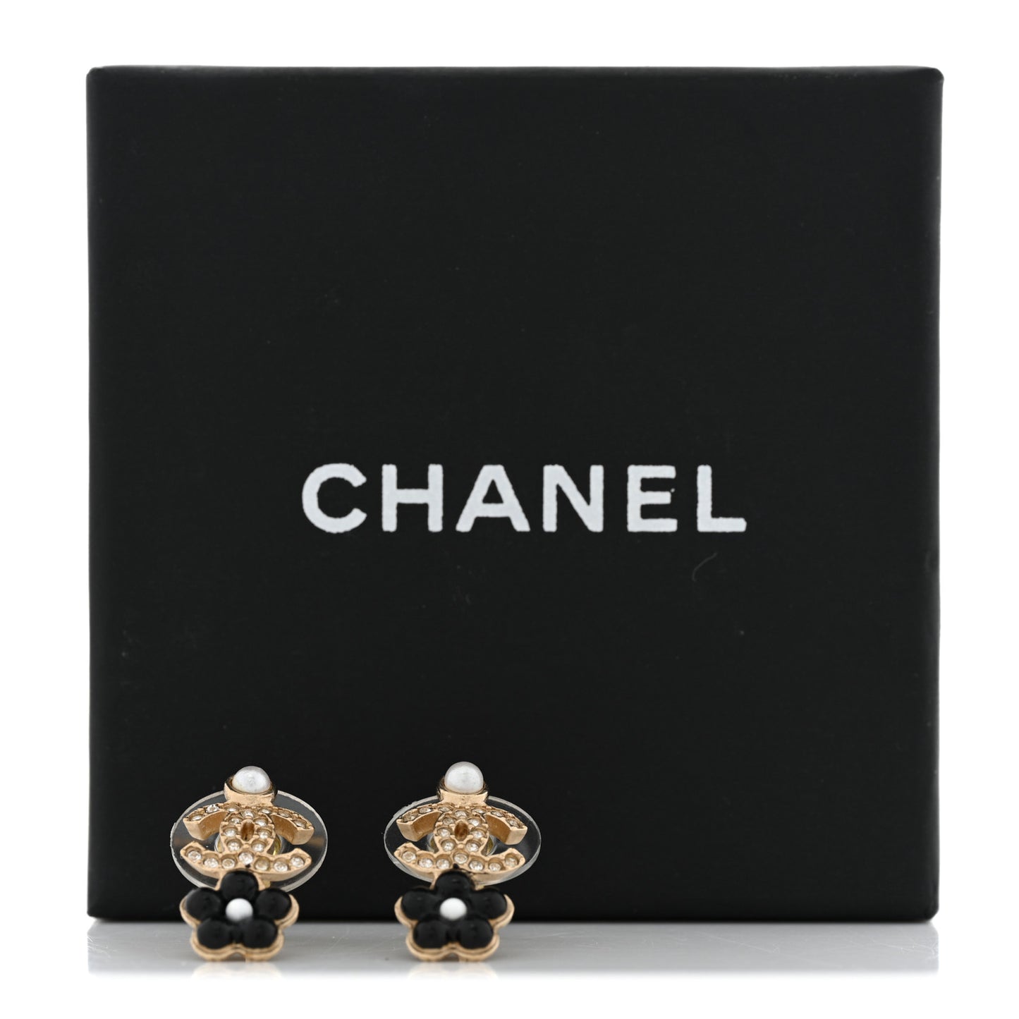 Crystal Pearl CC Flower Earrings Black Gold