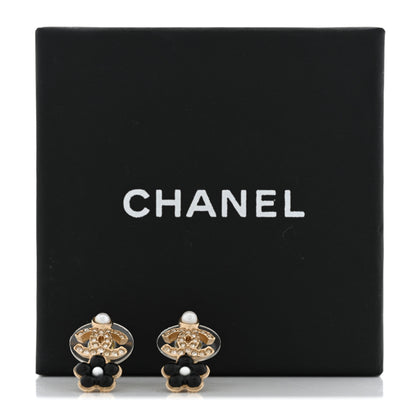 Chanel Crystal Pearl CC Flower Earrings Black Gold 5 of 5