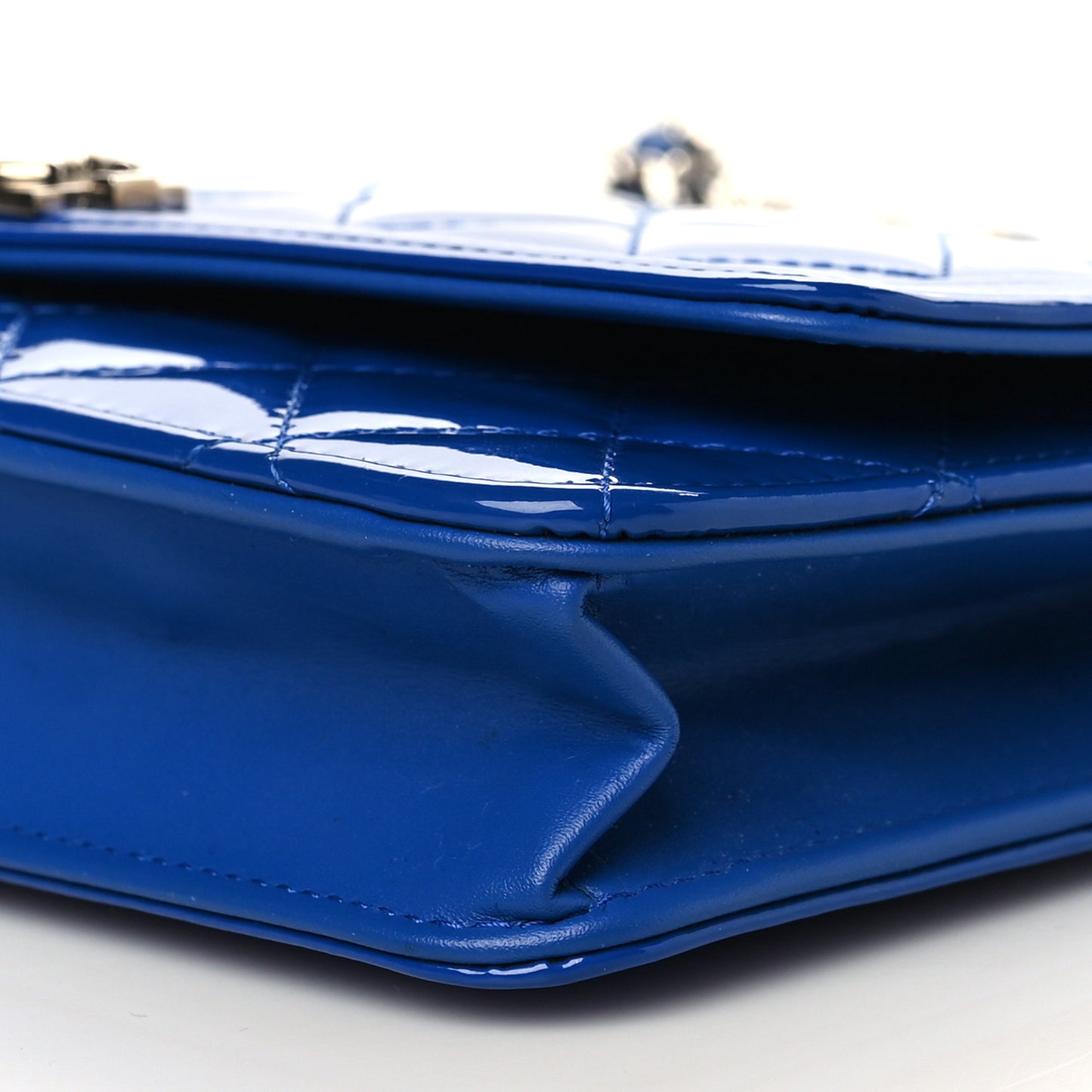 Patent Calfskin Quilted Boy Wallet On Chain WOC Dark Blue
