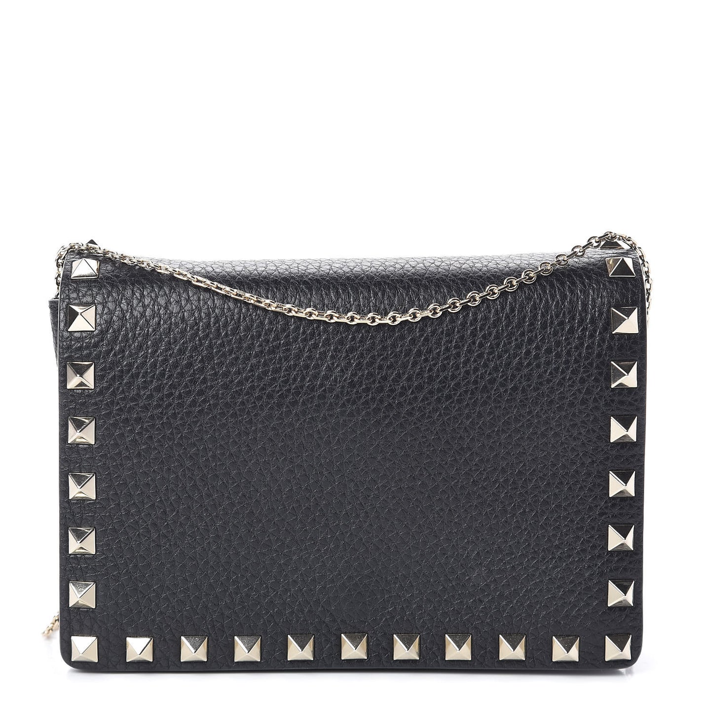 Pebbled Calfskin Rockstud Wallet on Chain Black