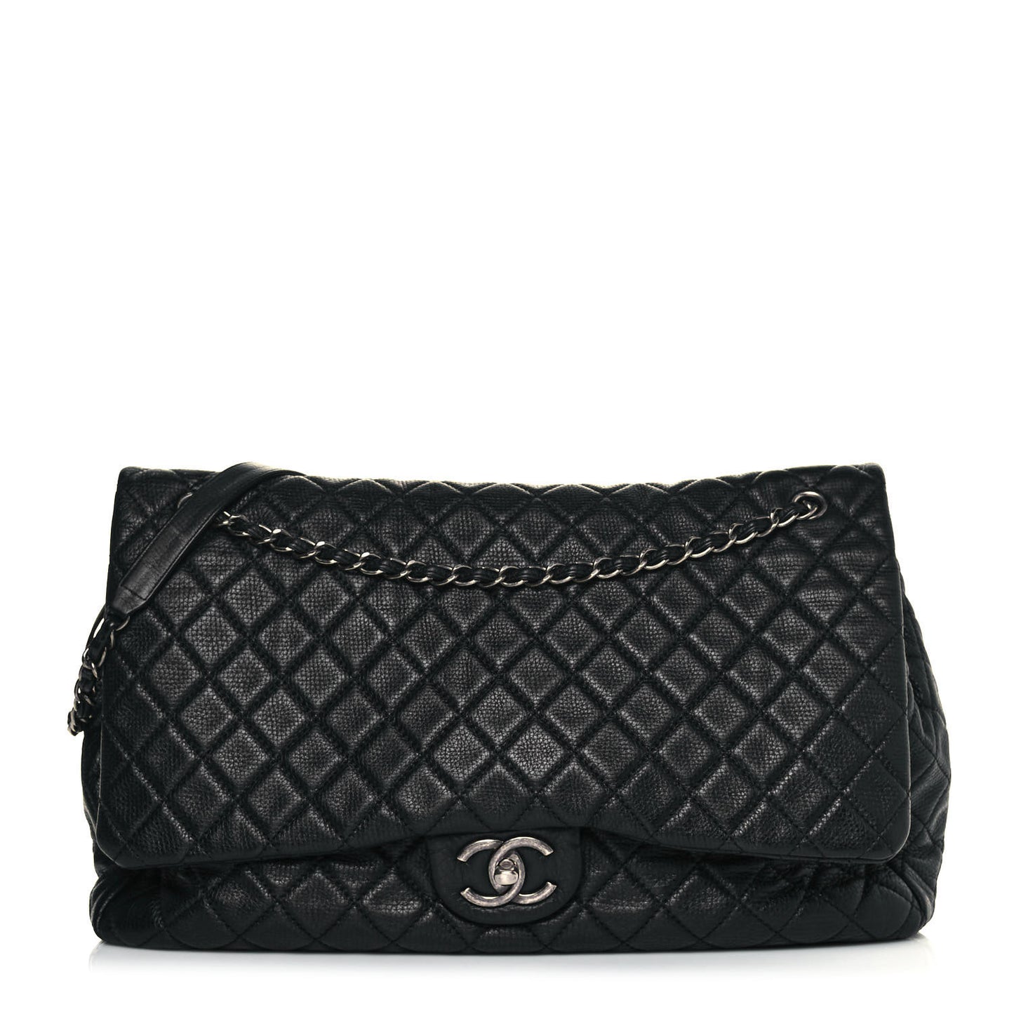 Calfskin Quilted XXL Travel Flap Bag Black