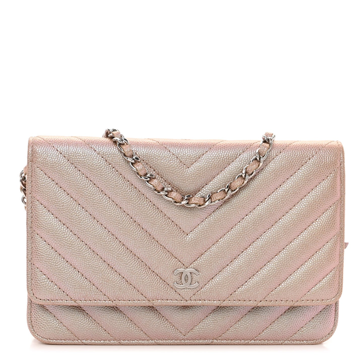 Metallic Caviar Chevron Quilted Wallet On Chain WOC Light Gold