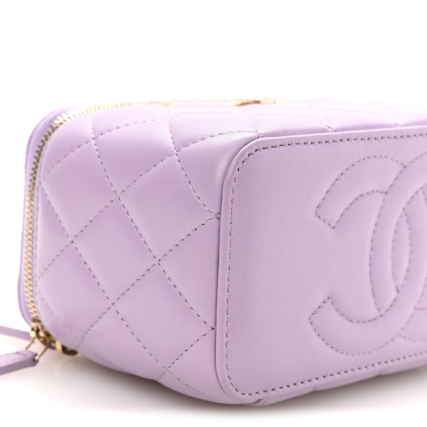 Lambskin Quilted Baguette Crystal Top Handle Vanity Case With Chain Purple