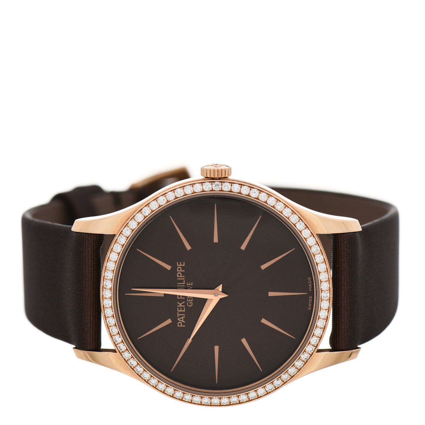 18K Rose Gold Satin Diamond Bezel 33mm Calatrava Manual Winding Watch Brown 4897R-001