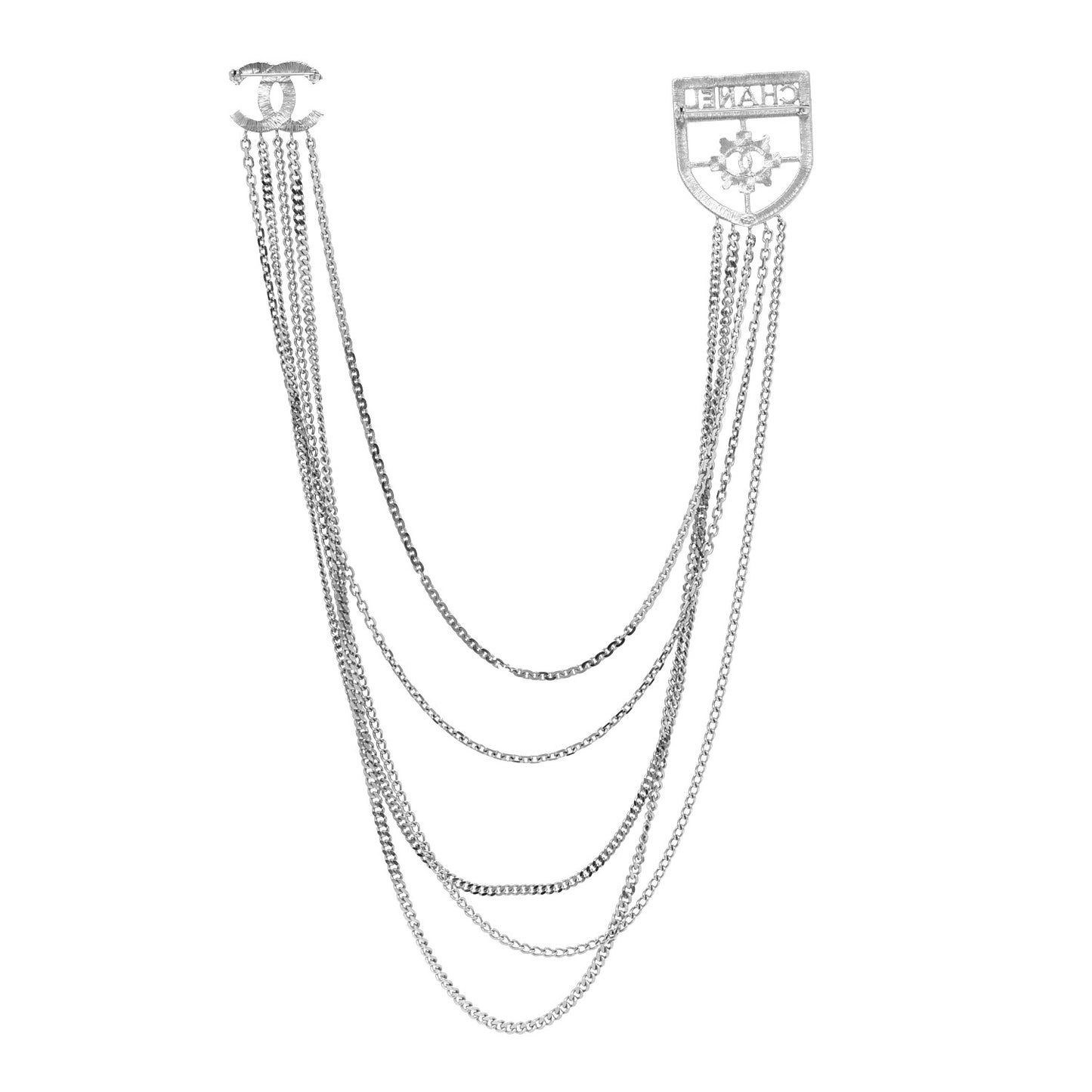 Baguette Crystal CC Shield Multi Strand Long Chain Brooch Silver