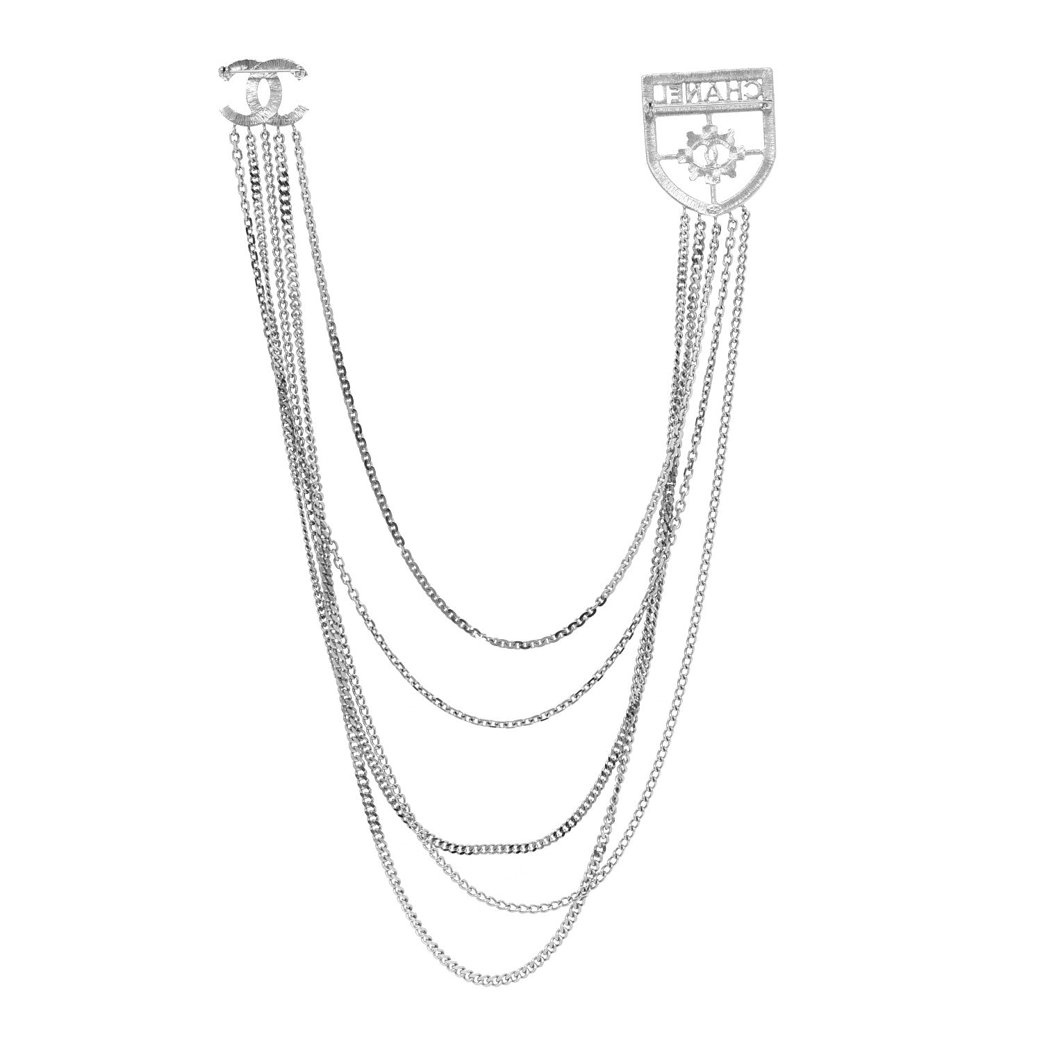 Chanel Baguette Crystal CC Shield Multi Strand Long Chain Brooch Silver 3 of 4