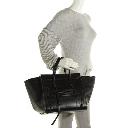 Celine Crocodile Embossed Calfskin Medium Phantom Luggage Black 3 of 16