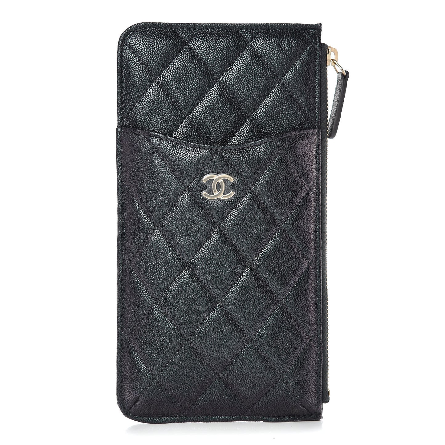 Iridescent Caviar Quilted Classic Flat Wallet Pouch Black
