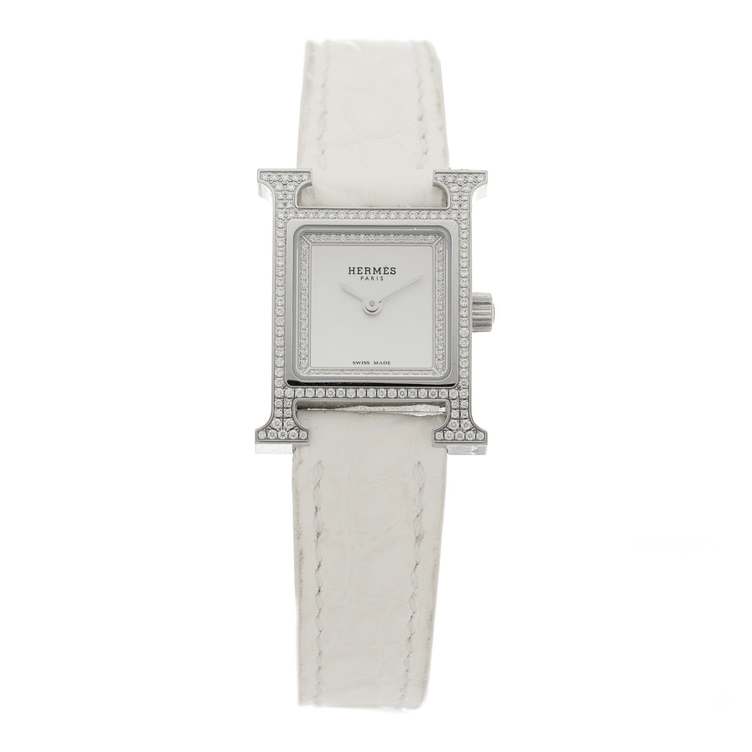 Hermes Stainless Steel Alligator Diamond Pave Bezel Mother of Pearl 17.2mm Heure H Hour Quartz Watch Blanc 1 of 5