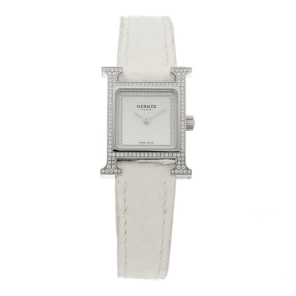 Hermes Stainless Steel Alligator Diamond Pave Bezel Mother of Pearl 17.2mm Heure H Hour Quartz Watch Blanc 1 of 5