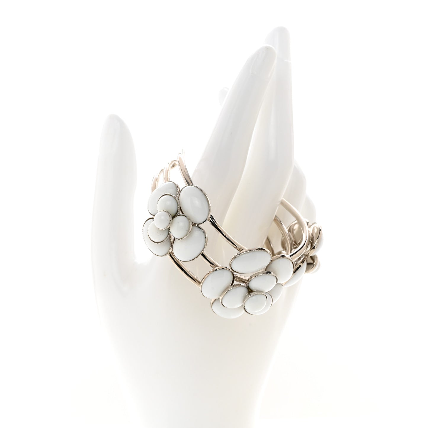 Metal Enamel Camellia CC Bracelet Silver White