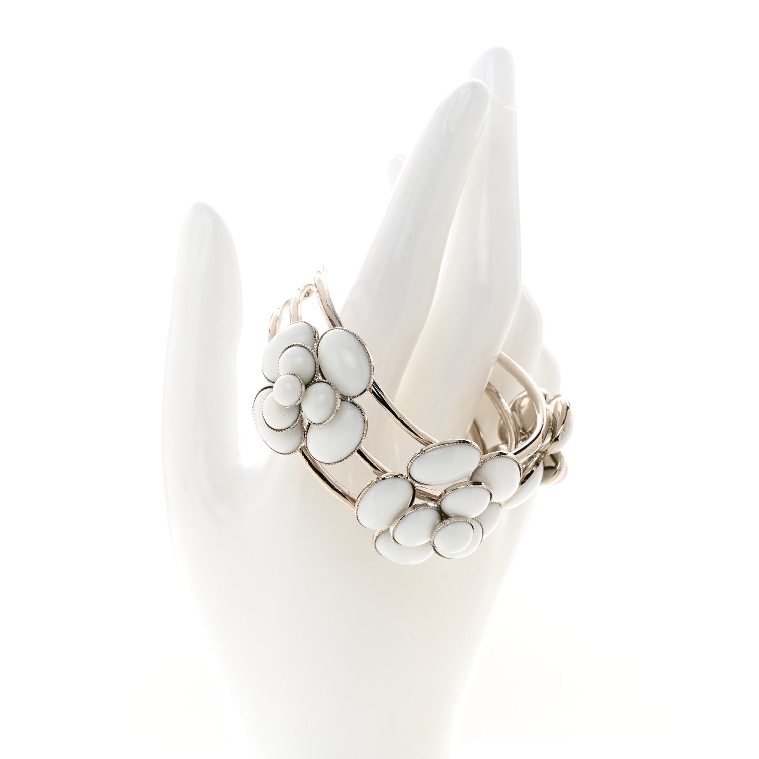 Chanel Metal Enamel Camellia CC Bracelet Silver White 2 of 5