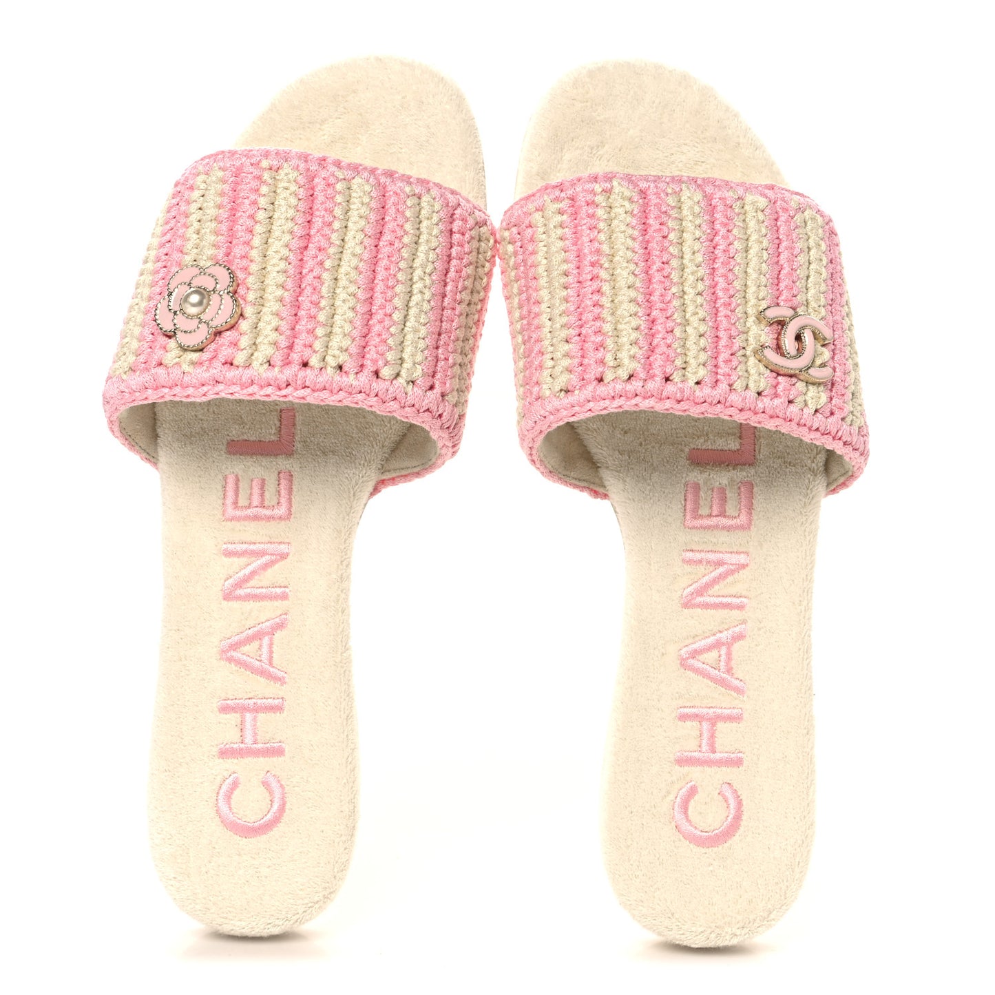 Crochet Striped Enamel Camellia Mules Sandals 37.5 Ivory Pink