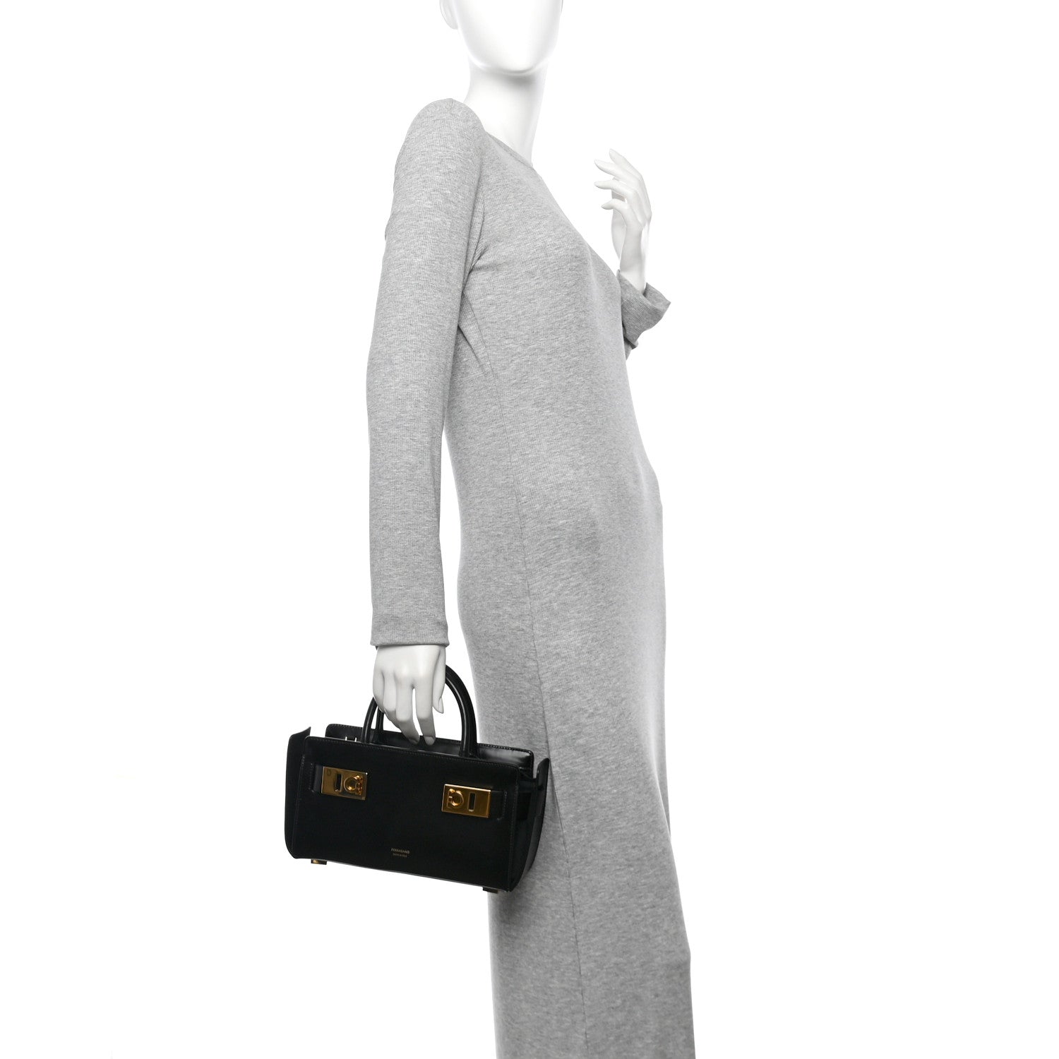 Salvatore Ferragamo Brushed Off Calfskin Small Gancini Buckles Tote Bag Black 2 of 9