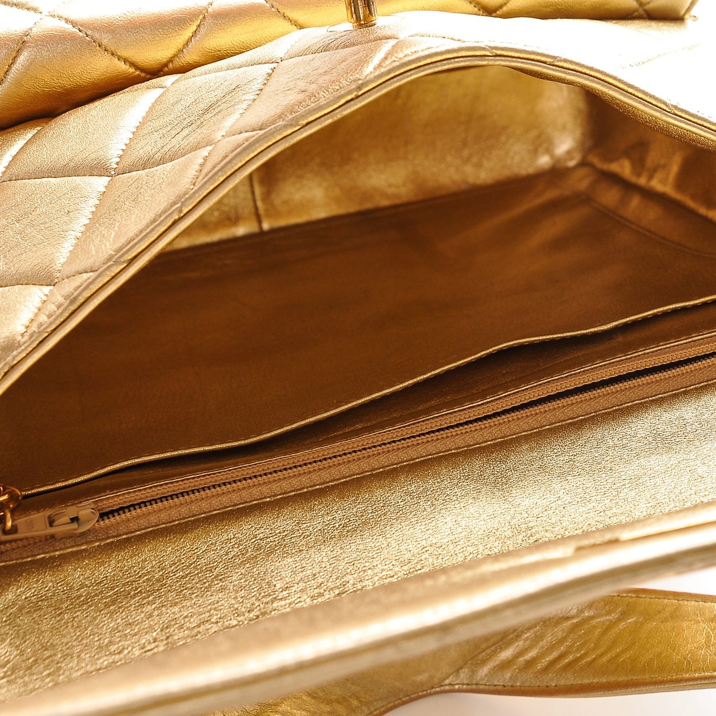 Metallic Lambskin Quilted Double Pocket Shoulder Bag Gold
