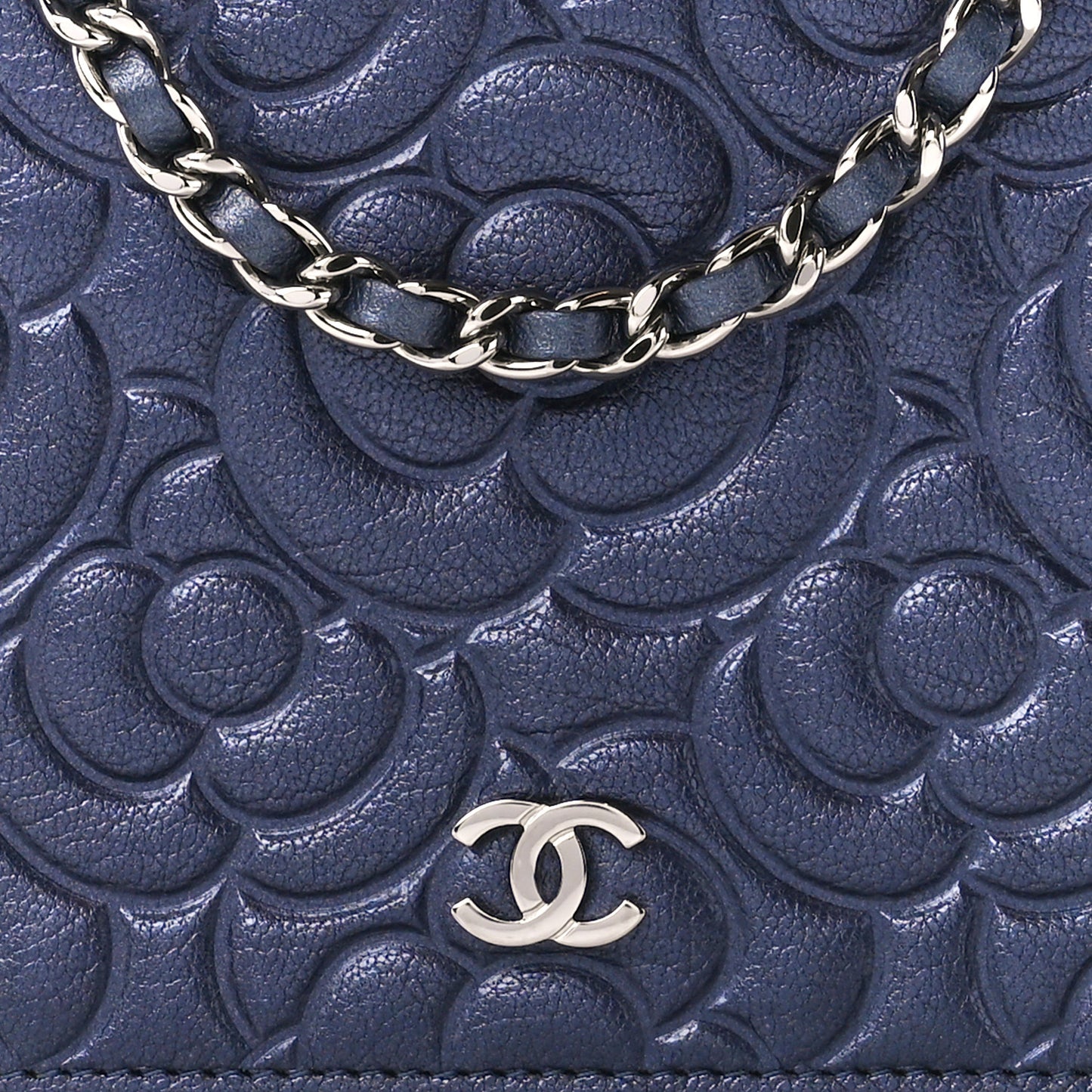 Goatskin Camellia Embossed Wallet On Chain WOC Blue