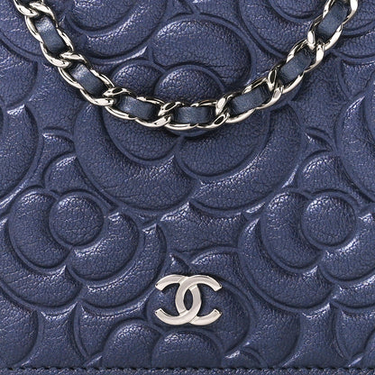 Chanel Goatskin Camellia Embossed Wallet On Chain WOC Blue 9 of 11