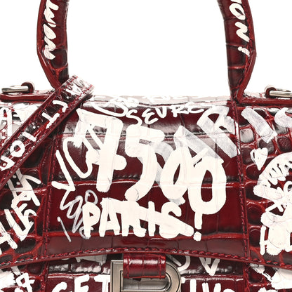 Balenciaga Crocodile Embossed Calfskin Graffiti Hourglass Top Handle Bag XS Dark Red White 7 of 9