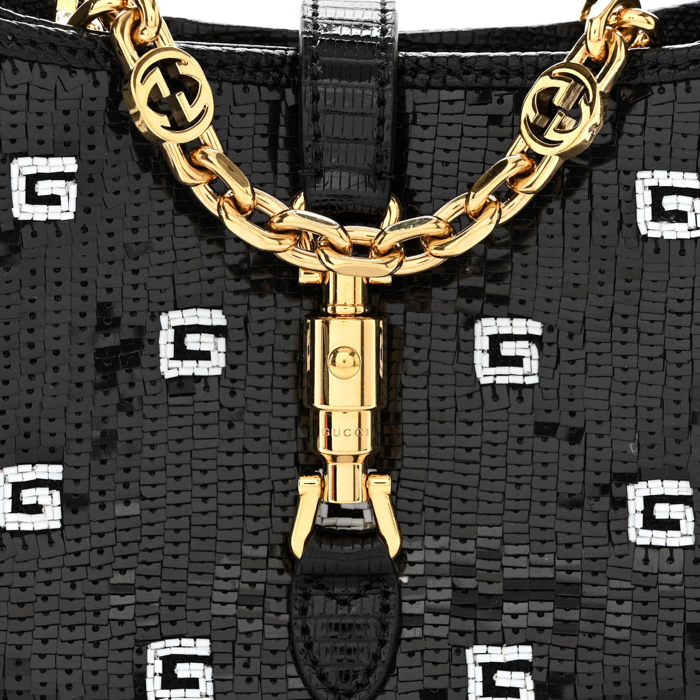 Lizard Sequin GG Monogram Mini Jackie 1961 Hobo Black White
