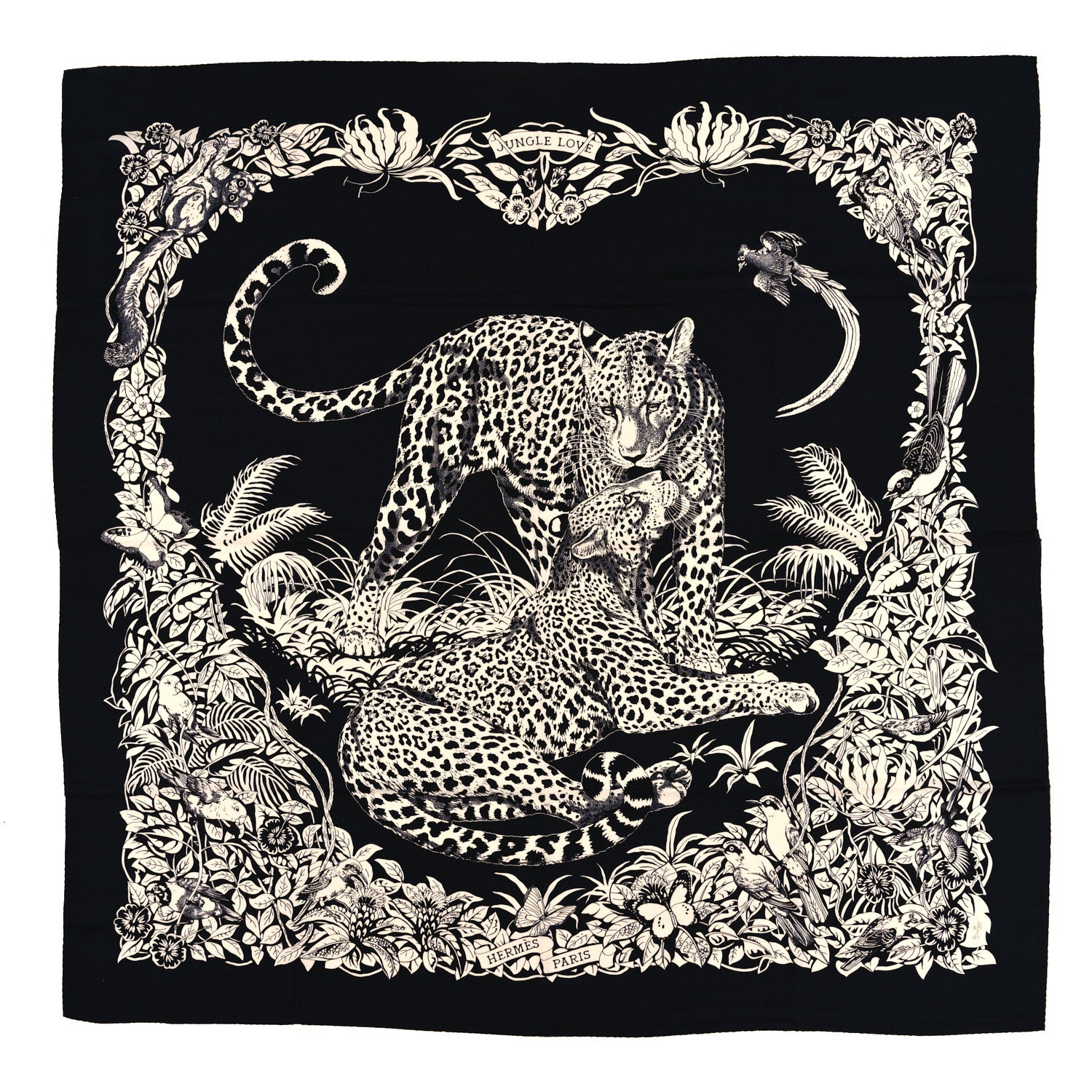 Hermes Cashmere Silk Jungle Love Tattoo Shawl 140 Bleu Black White 1 of 3