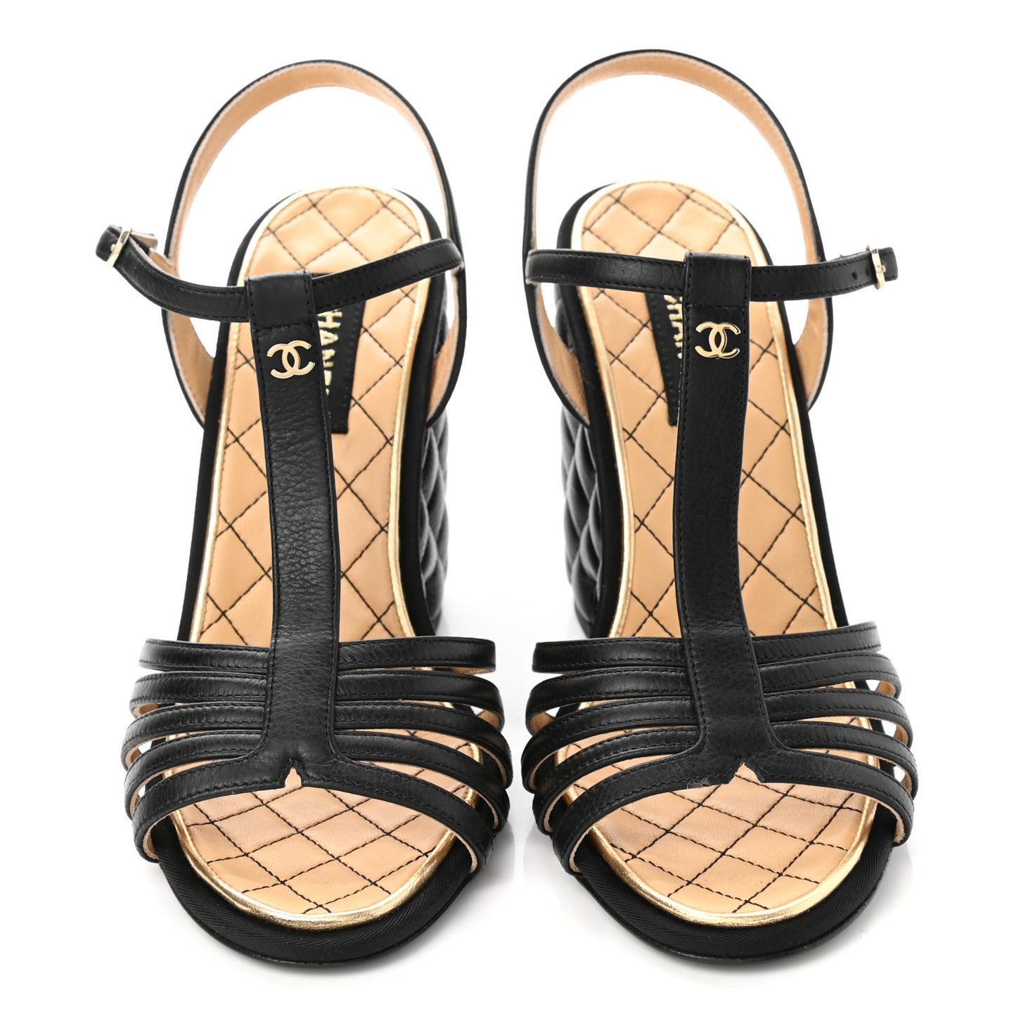 Grained Calfskin Quilted Wedge Sandals 38.5 Black