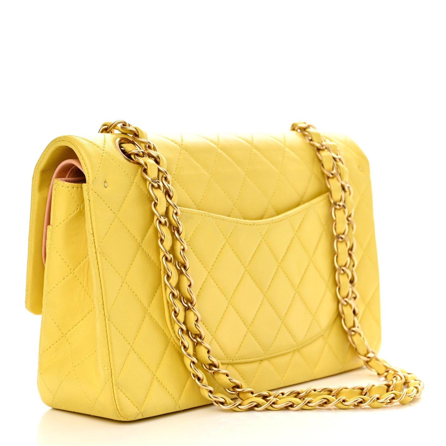 Lambskin Quilted Medium Double Flap Yellow Pink