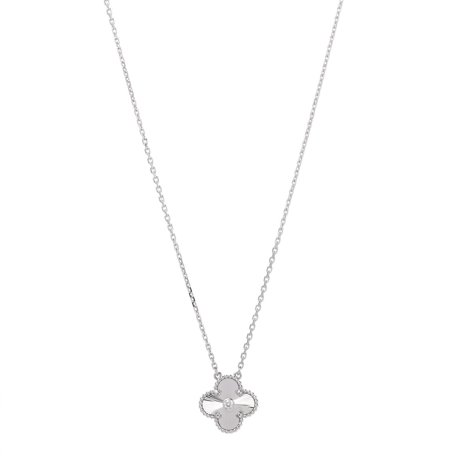 Van Cleef & Arpels 18K White Gold Diamond Guilloche Vintage Alhambra Pendant Necklace 1 of 6