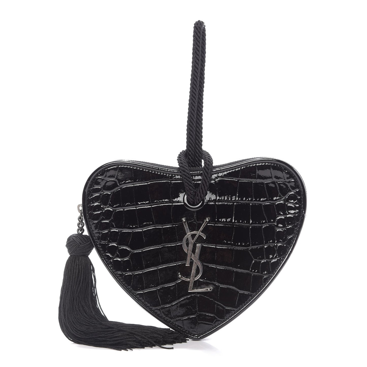 Patent Crocodile Embossed Sac Coeur Heart Shaped Clutch Black