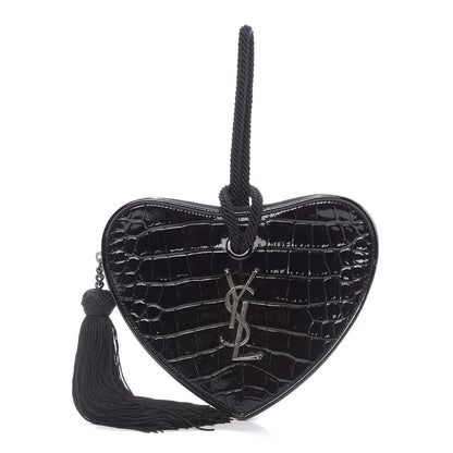 Saint Laurent Patent Crocodile Embossed Sac Coeur Heart Shaped Clutch Black 1 of 9