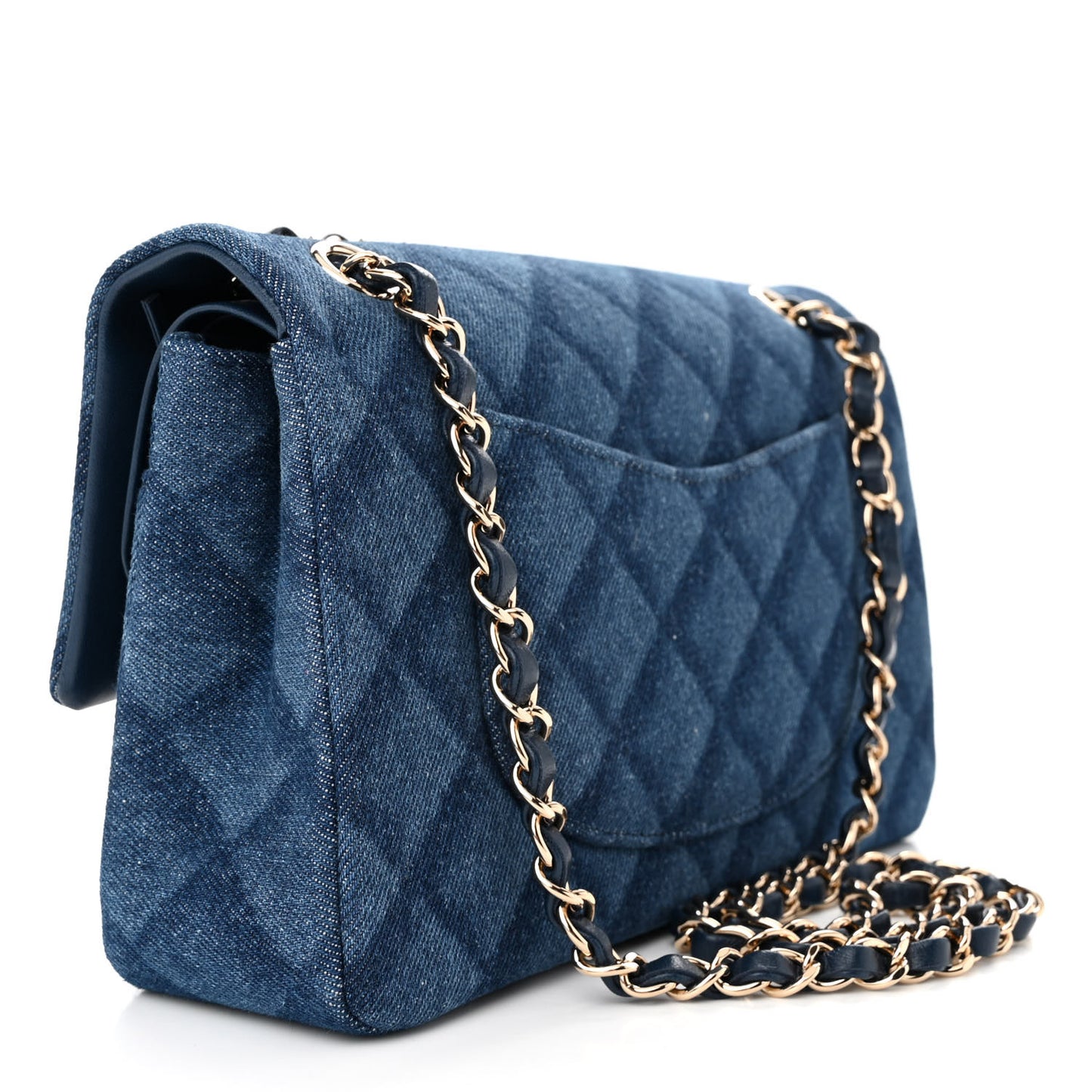 Printed Denim Quilted Medium Double Flap Dark Blue